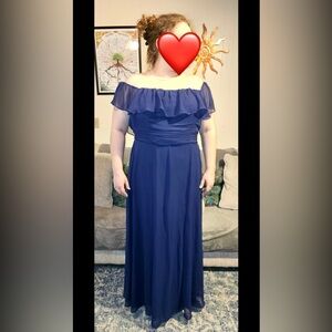 Ever Pretty Navy Chiffon Ruffle Off Shoulder Dress - Size 16